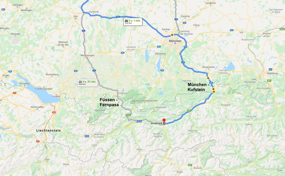 De routes naar Oostenrijk via de Fernpass en Kufstein
