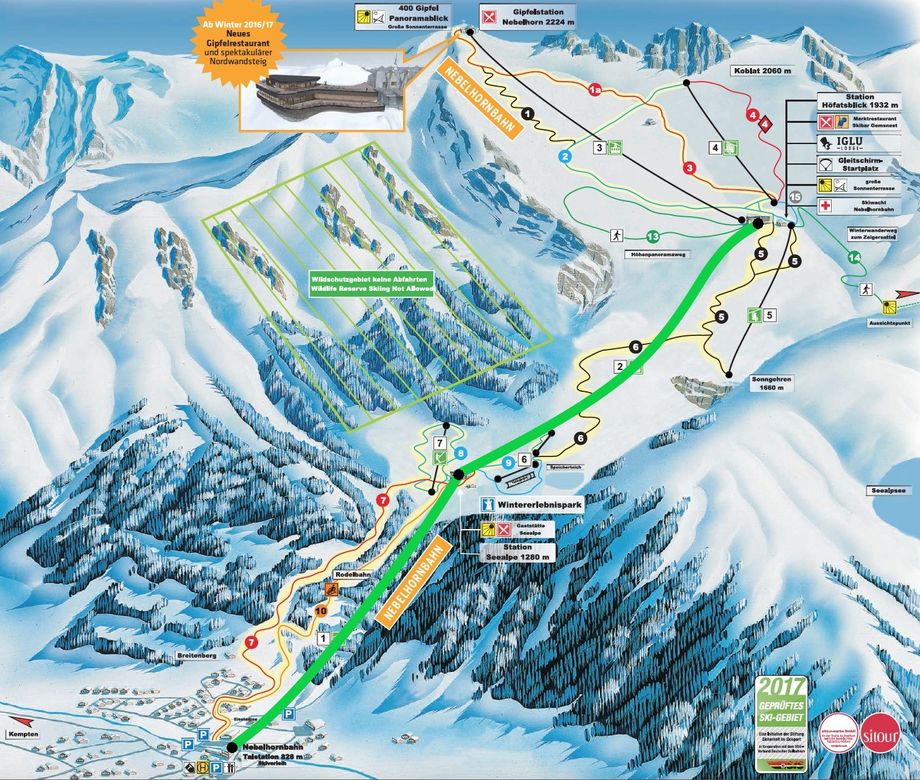 Het pistekaartje van de Nebelhorn met de nieuwe 2S-gondel in het groen