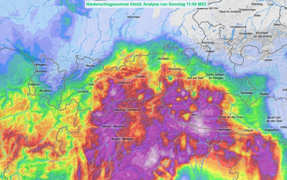Extreme neerslag in de afgelopen 24 uur (analyse 11:00, ZAMG)