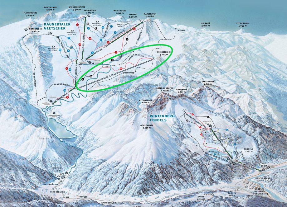 Het nieuwe pistekaartje van de Kaunertaler Gletscher met de nieuwe gondel (groen omcirkeld)