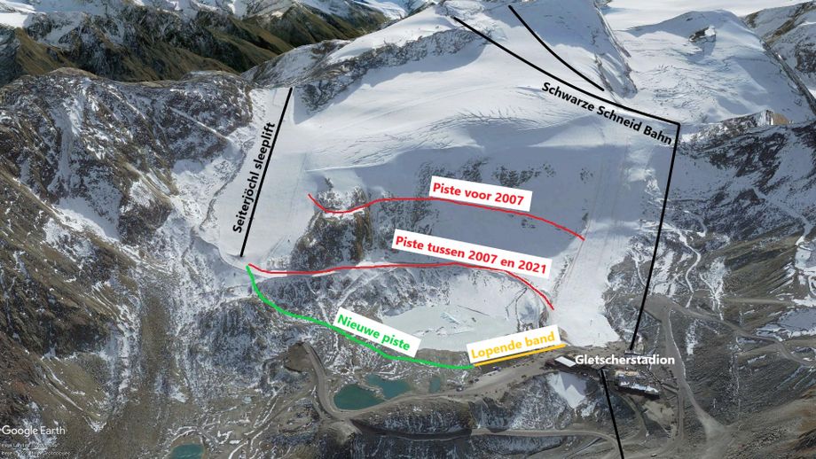 De skiweg op de gletsjer bij Sölden is al meerdere keren verlegd