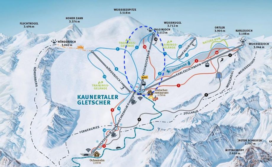 Der neue Pistenpan des Kaunertaler Gletschers mit eingezeichneter Falginjochbahn