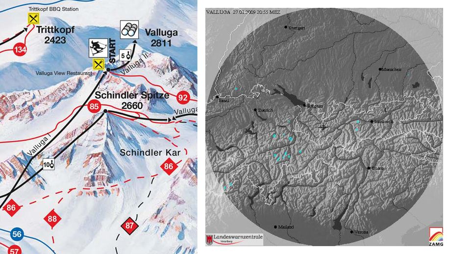 De locatie van de Valluga binnen Ski Arlberg (l.). Reikwijdte van de weerradar (r.).