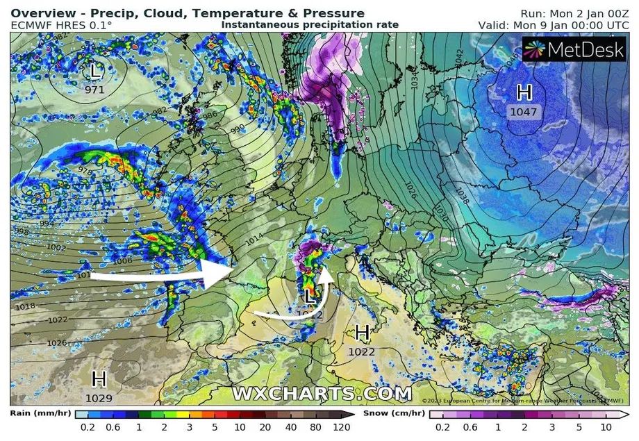 Das europäische Modell zeigt anfang nächster Woche temporär viel Schnee für die Südalpen