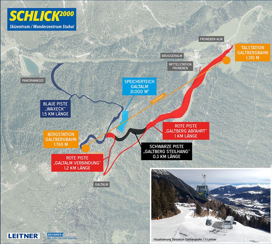 Het projectoverzicht van de Galtbergbahn en de nieuwe pistes (stubai.at)