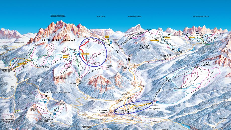 De vernieuwingen in Val di Fiemme: Alpe Cermis (rechtsonder) en Latemar (linksboven)