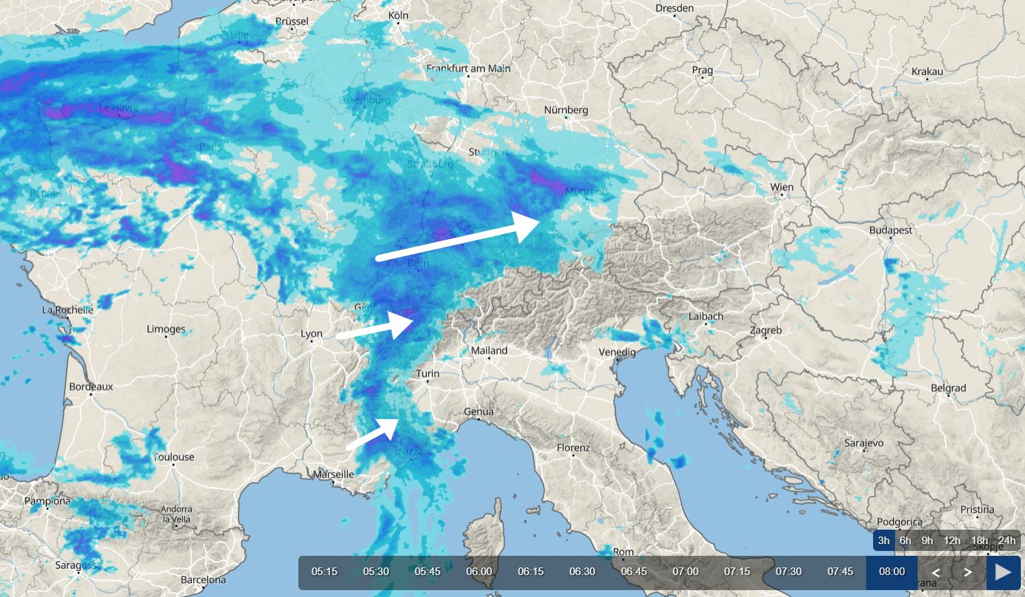 Regen tot op grote hoogte in de Franse Alpen, overgang naar