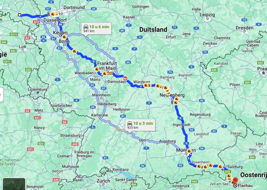Op de route via Würzburg (A3) kom je tussen Duisburg en Salzburg maar liefst 24 (!) Baustellen tegen. (C) Google Maps