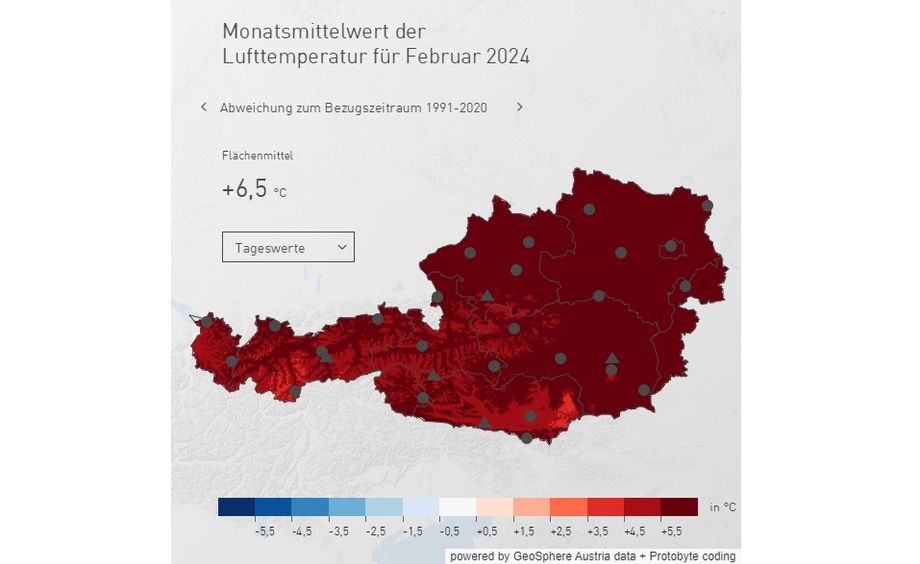 Temperatuurafwijking 1-13 februari 2024 in Oostenrijk (Geosphere Austria)