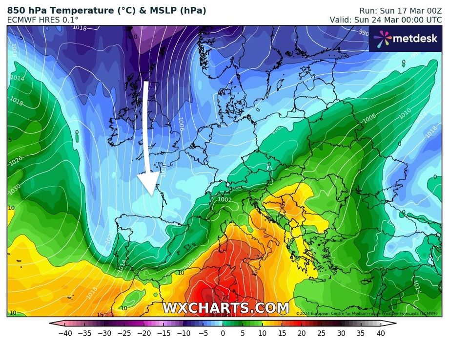 ECMWF: Kou-uitstroom richting Spanje ipv Midden-Europa