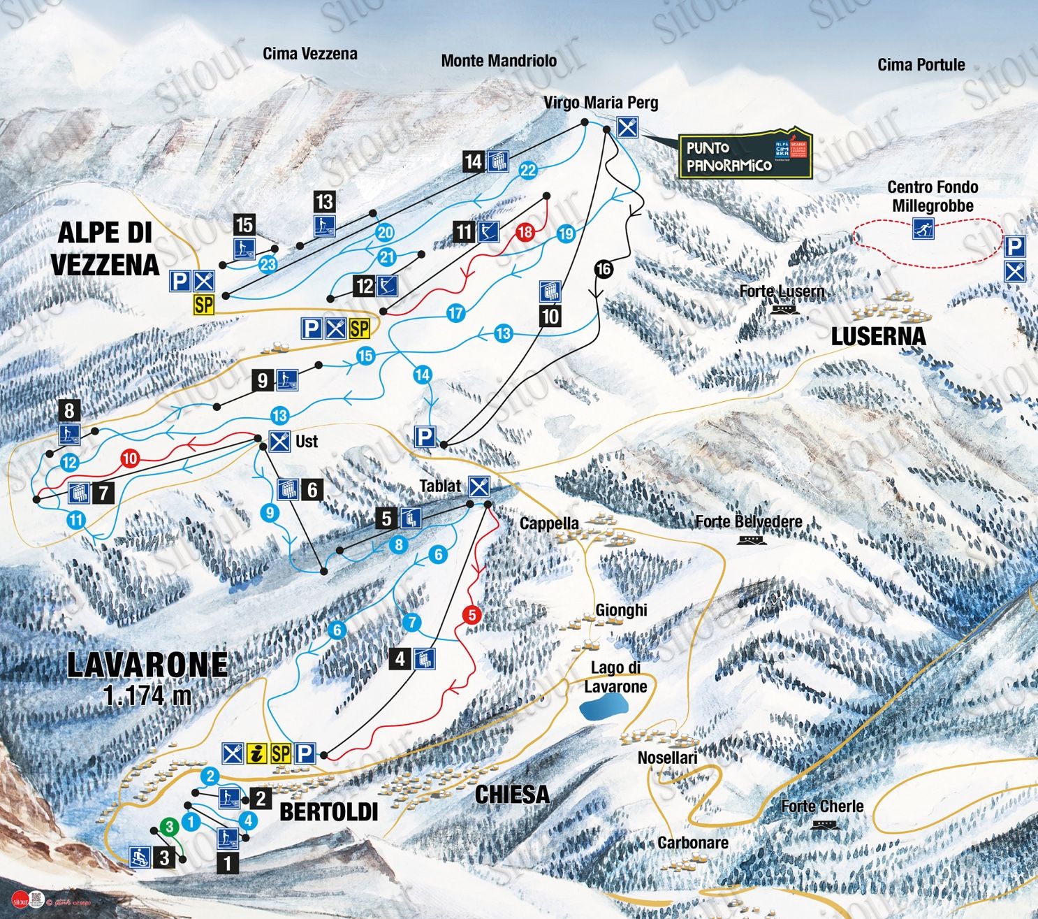 Pistenkarten Folgaria Lavarone Skigebiet mit 104km Pisten in Österreich