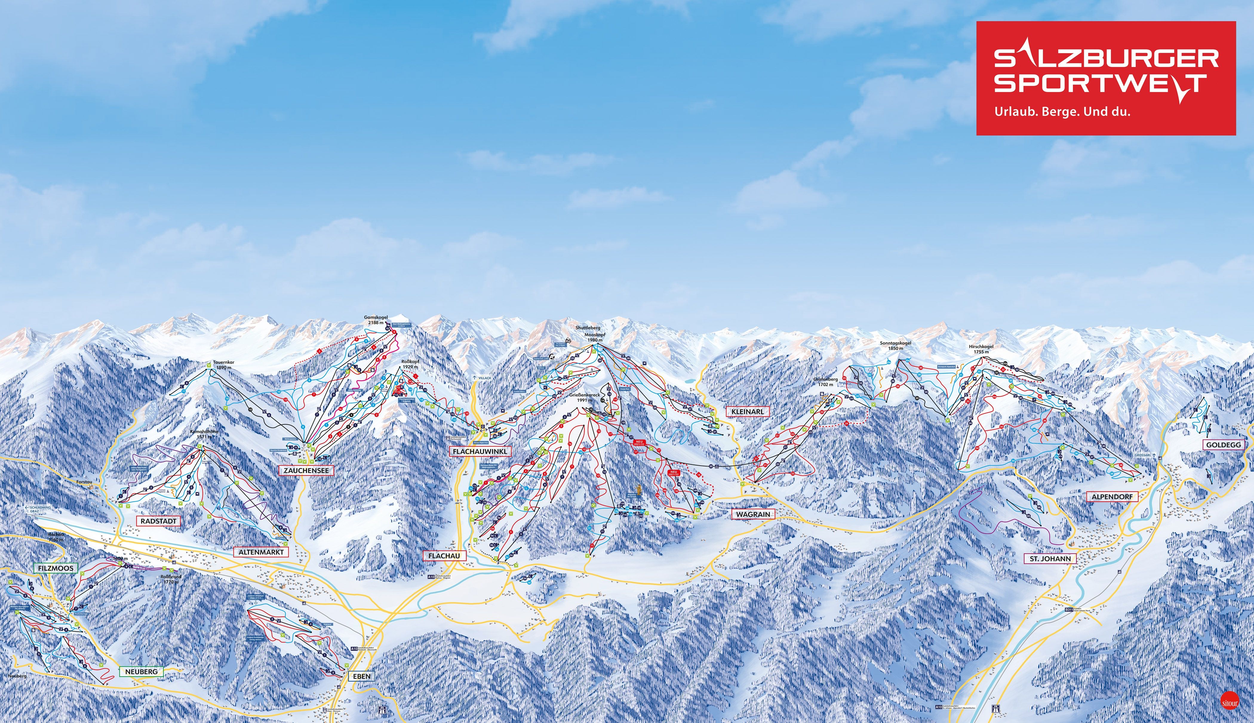 Pistekaart Salzburger Sportwelt - skigebied met 244km piste in Oostenrijk