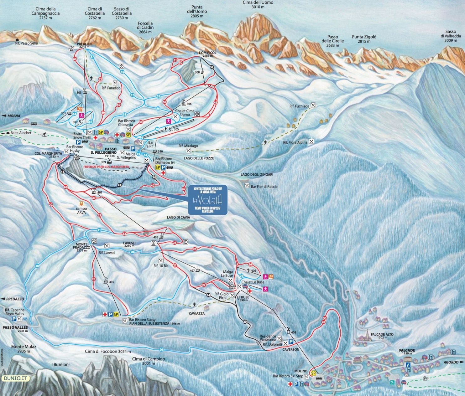 Pistekaart Passo San Pellegrino Falcade skigebied met piste