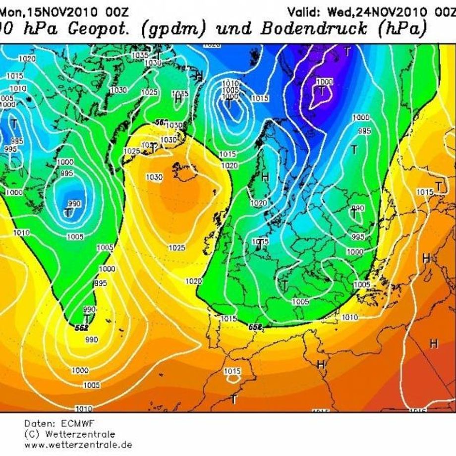 Kaart voor volgende week woensdag (ECMWF): een krachtig hogedrukgebied boven de noordelijke oceaan. Vanuit Scandinavië stroomt vrieskou naar het zuiden.