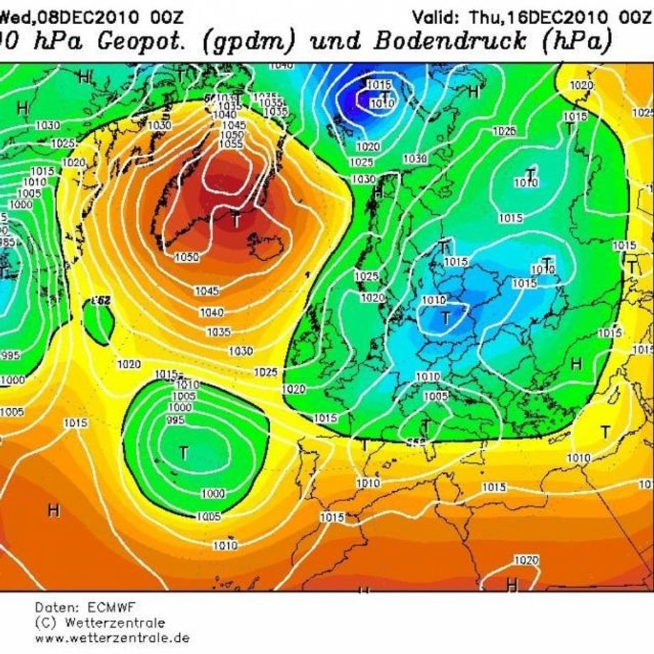 ECMWF-kaart voor volgende week donderdag. Winterse hogedruk smelt samen boven Groenland en heeft heel Europa in zijn greep.