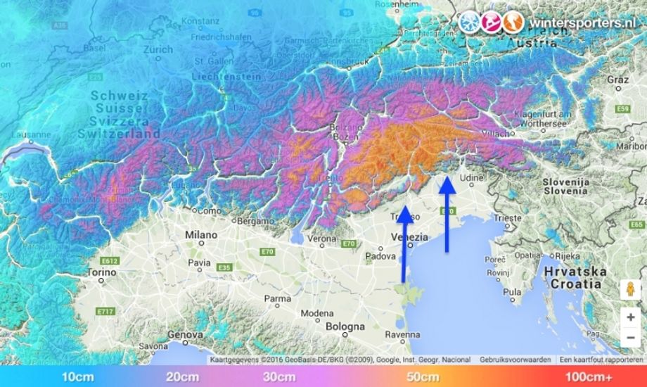 Zondag: veel sneeuw voor de Dolomieten (mogelijke hoge sneeuwgrens)