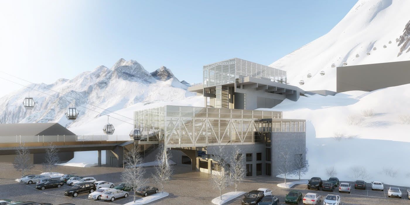 Het nieuwe dalstation Alpe Rauz met de Flexenbahn en Albonabahn II (Bron: http://www.flexenbahn.ski)