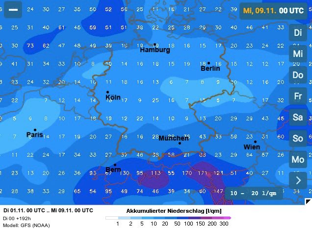 Verwachte neerslag t/m dinsdag (kaart: wetteronline.de)