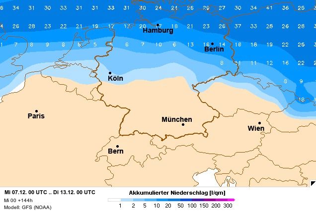 Verwachte neerslag t/m dinsdag, volgens GFS-model