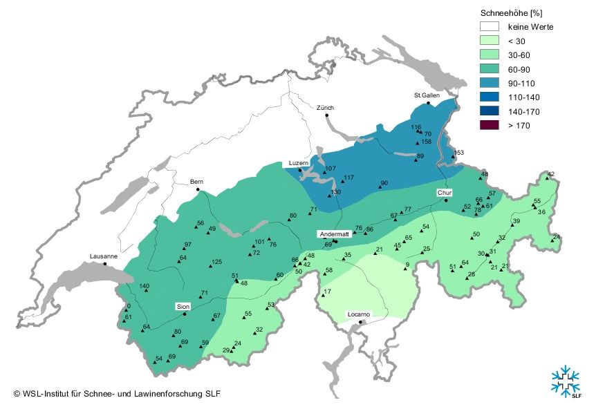 Sneeuwhoogte Zwitserland in vergelijking tot het langjarig gemiddelde (bron: SLF)