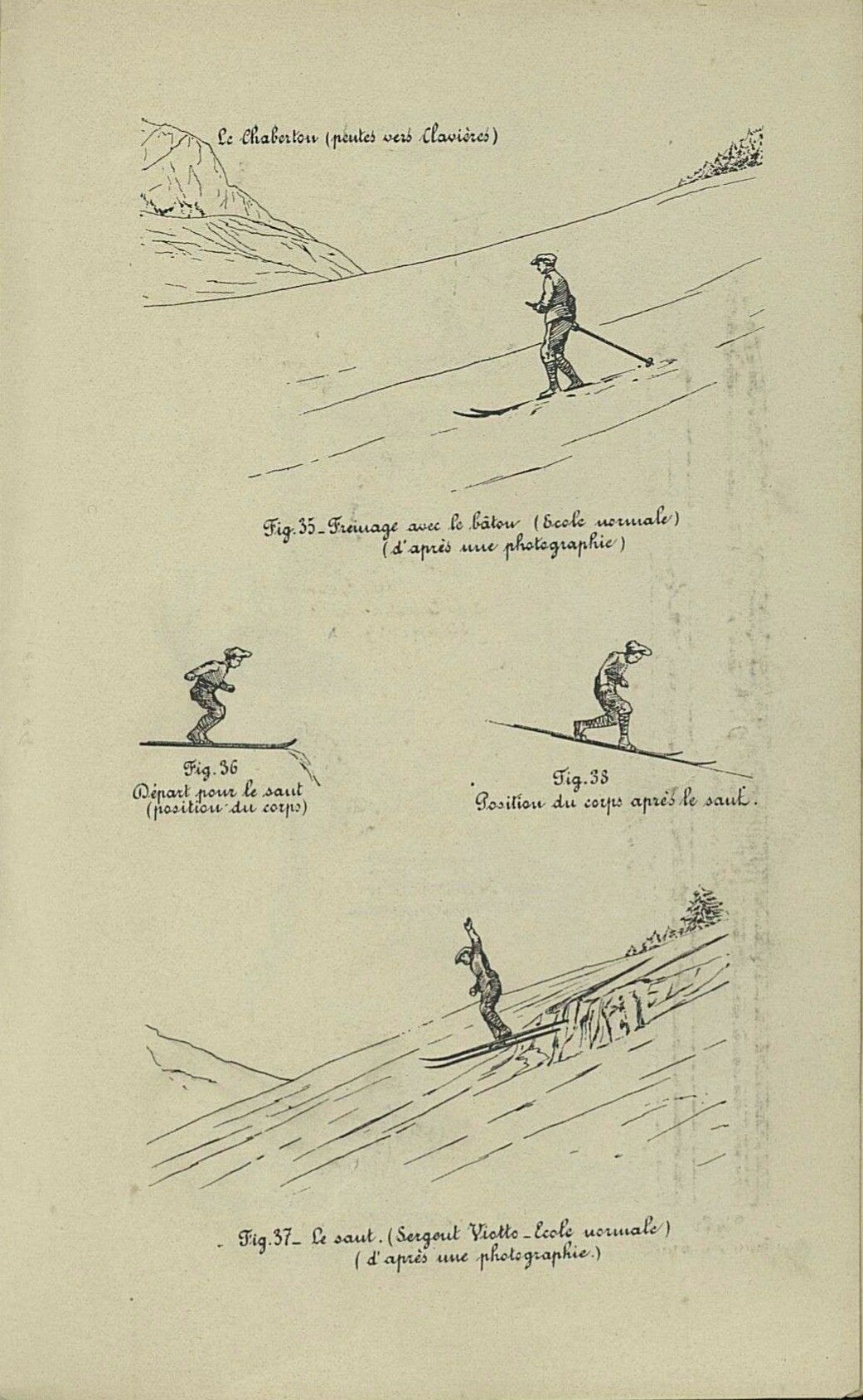 Fig35: Remmen met een skistok Fig 36: Positie voor een sprong Fig 38: Landingsposittie Fig 37: De sprong, volgens de 'oude school'