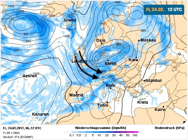 Neerslagkaart voor volgende week vrijdag (Europees model)