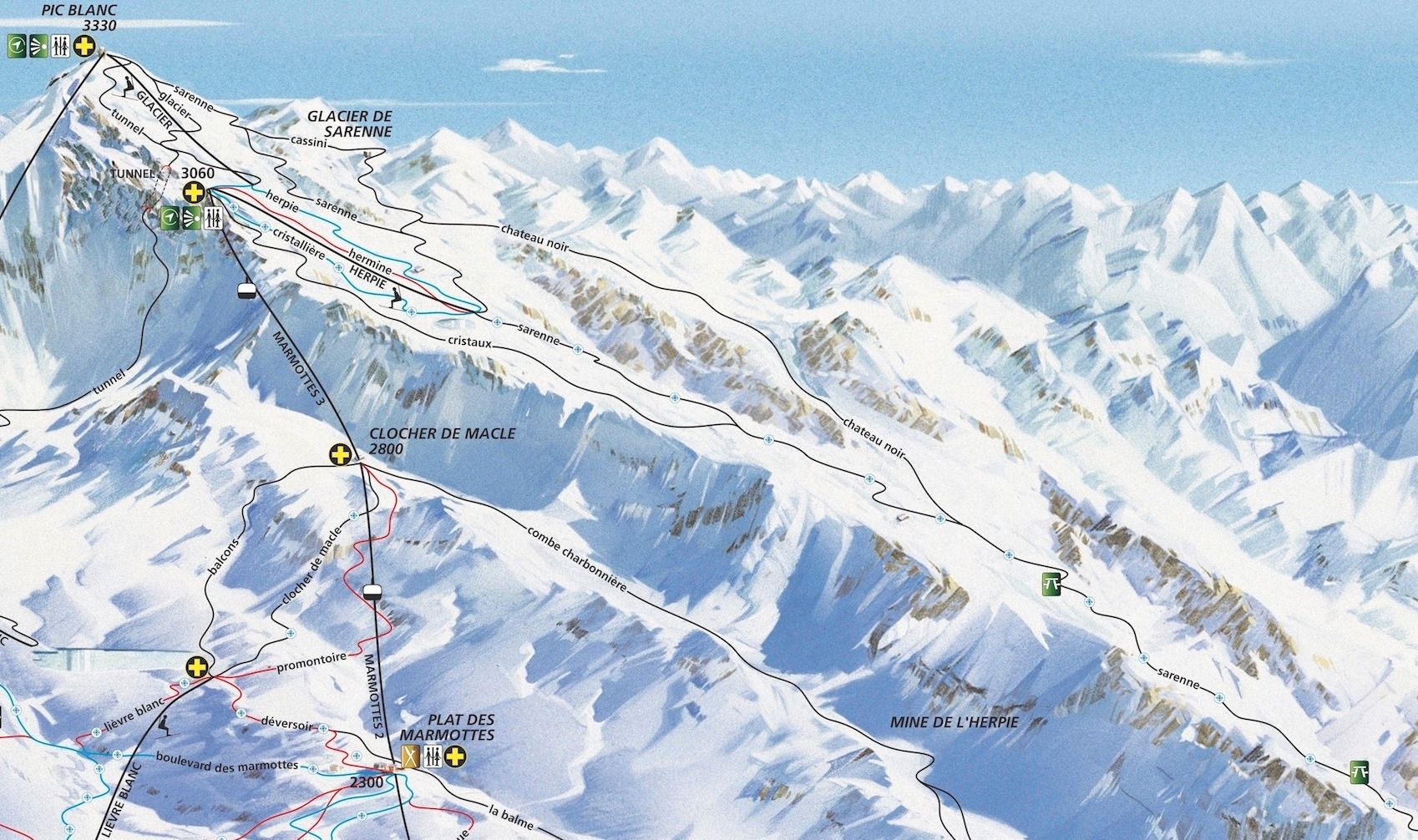 Op de pistekaart van Alpe d'Huez loopt hij helemaal buitenom rechts