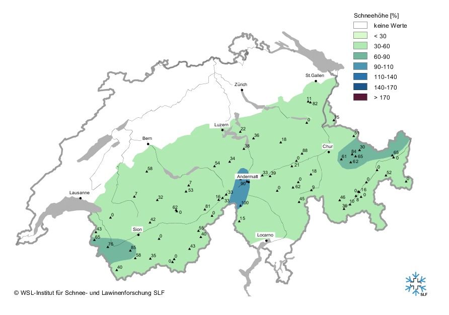 Hoeveelheid sneeuw in Zwitserland in % ten opzichte van normaal (bron: SLF