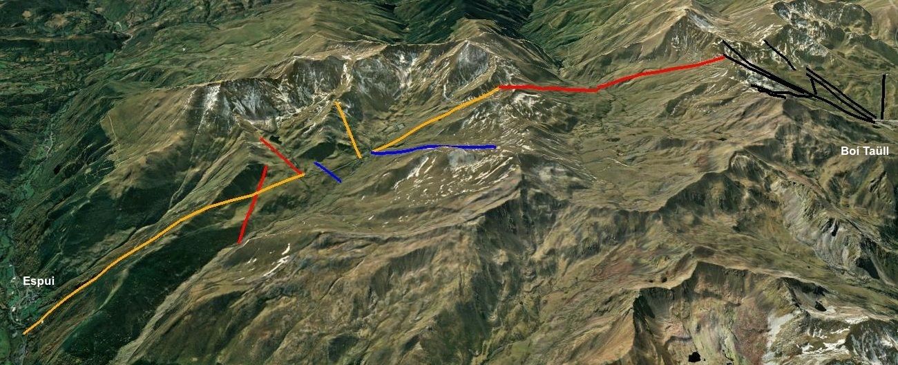 Geplande fasering: oranje fase 1, rood fase 2, blauw fase 3, zwart = bestaand skigebied Boí Taüll
