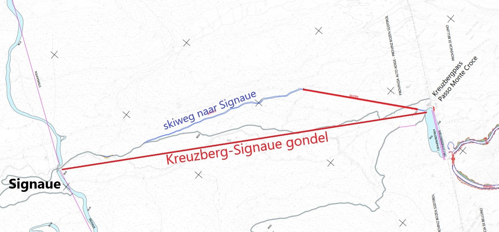 De twee opties voor de verbinding Signaue - Kreuzbergpass 