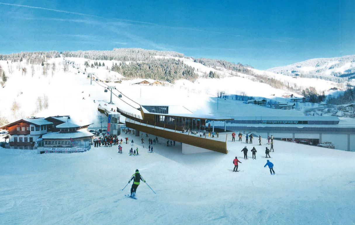 Het Skicentrum Aberg met skibrug en de nieuwe Sonnbergbahn