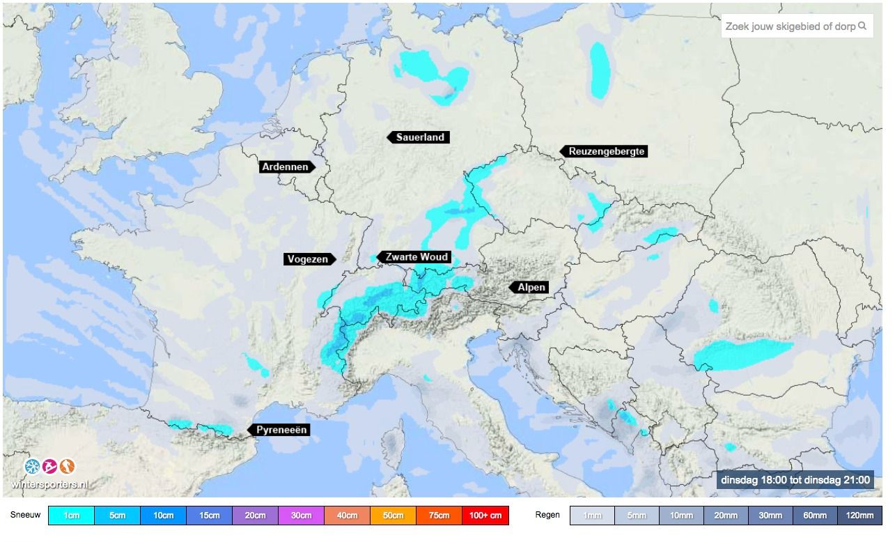 Sneeuwradar per 3 uur voor Europa