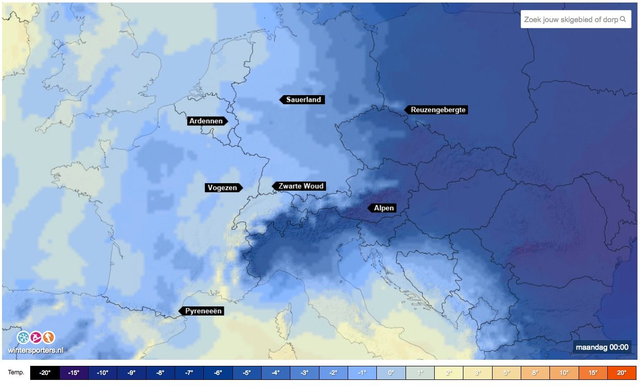 Temperatuur 850 hPa: zondag is het in Italië duidelijk kouder dan in Oostenrijk