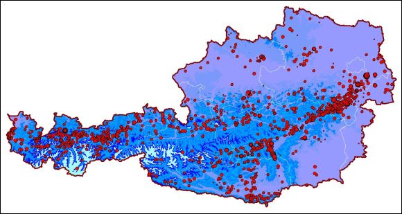Alle aardbevingen (epicentra) in Oostenrijk sinds 1900 (Bron: ZAMG Geophysik)