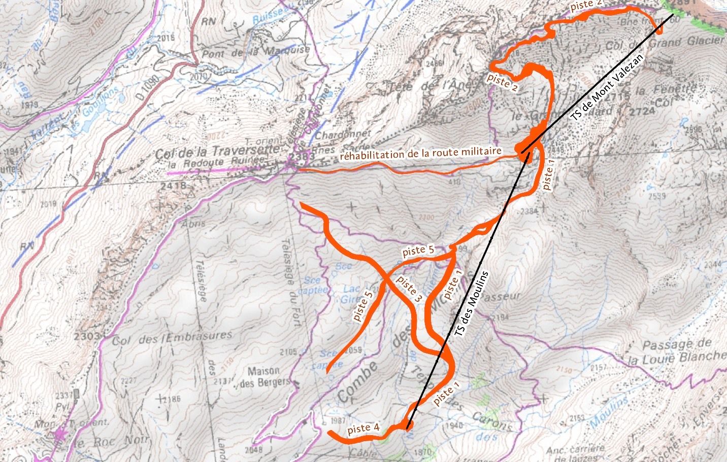 De schets met pistes die het skigebied heeft gebruikt bij het aanvragen van vergunningen