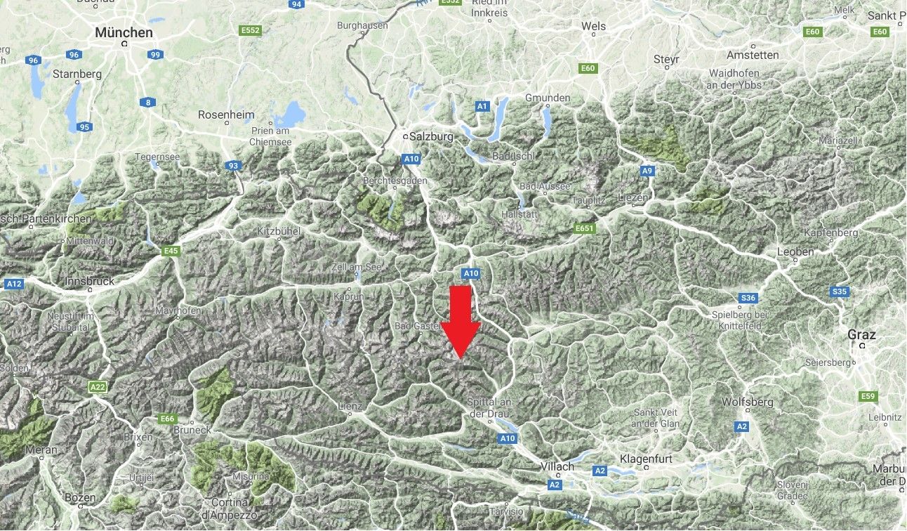 De locatie van het Maltatal en de Hochalmspitze (Google Maps)