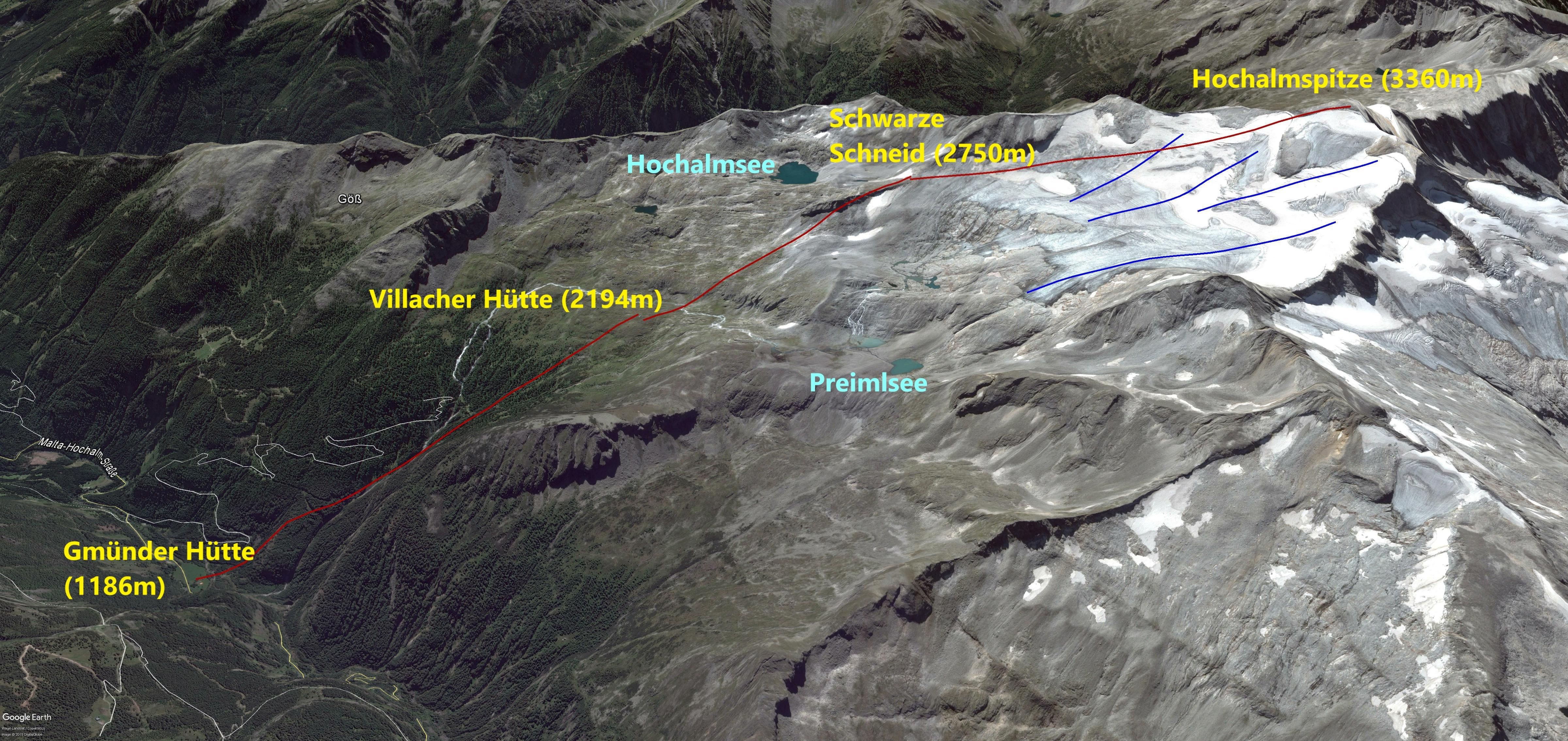Een overzicht van het zomerskiproject (Google Earth Pro)