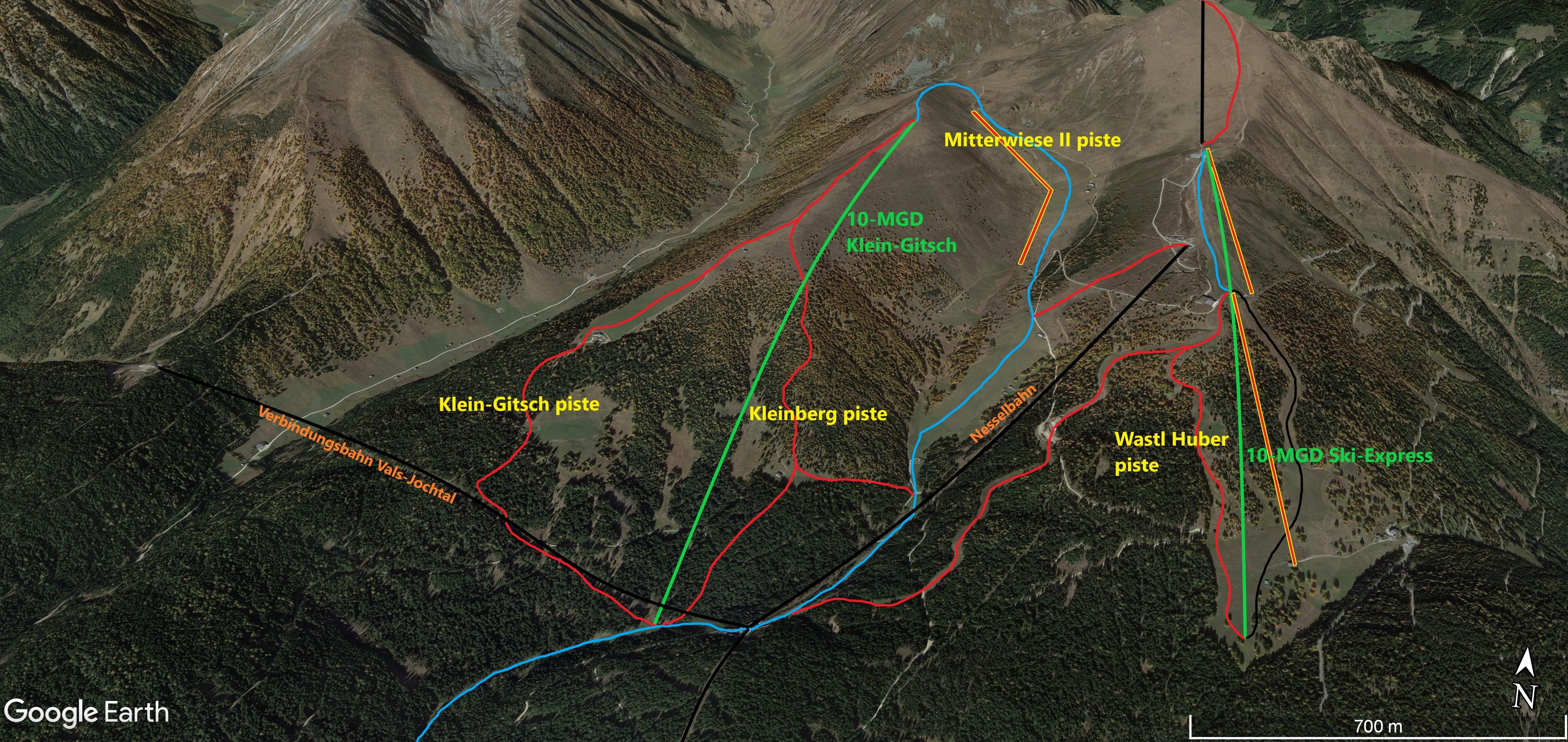 Een overzicht van het Klein-Gitsch project en rechts de nieuwe Ski-Express
