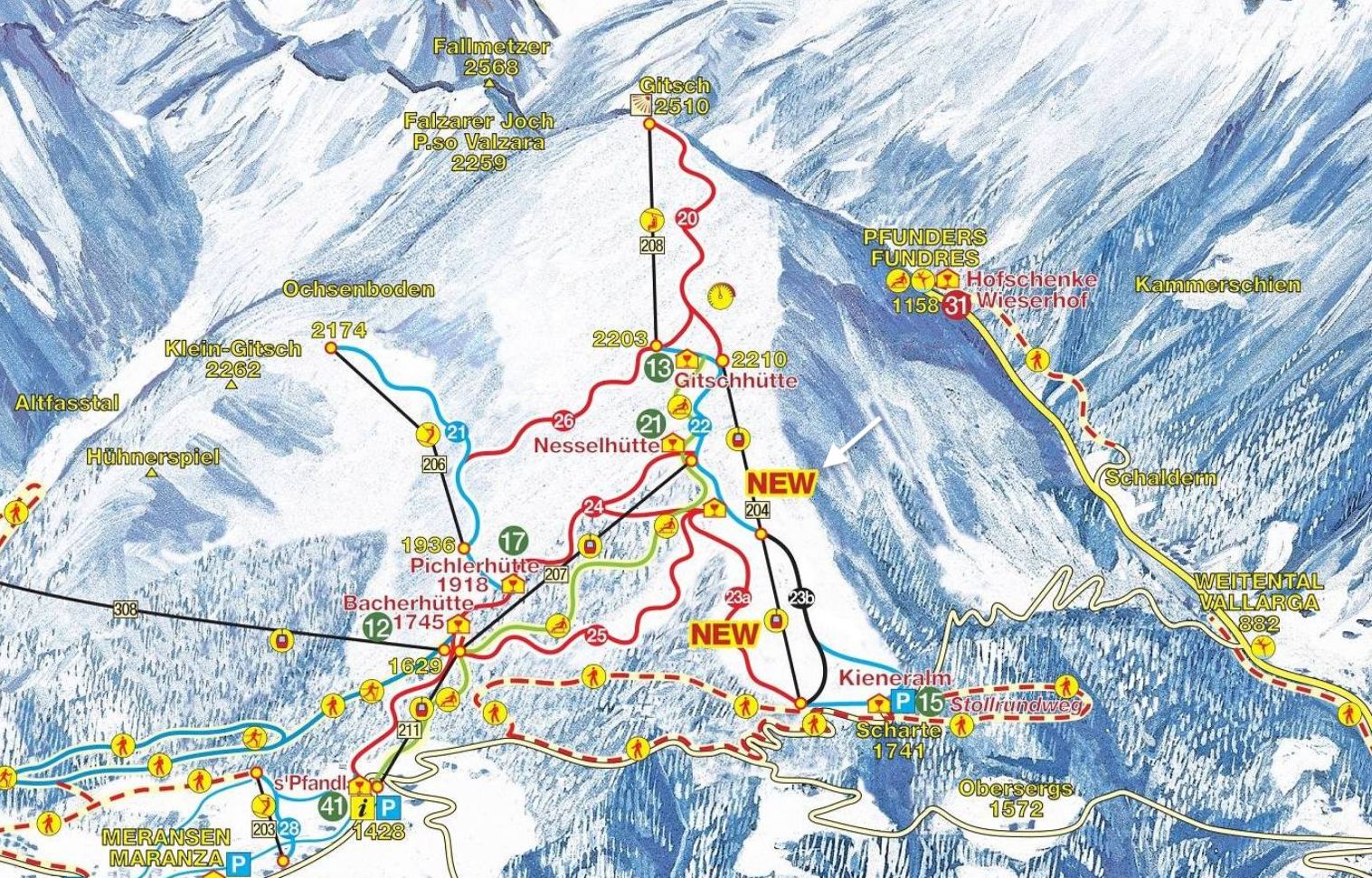Pistekaart van het deelgebied Gitschberg met de nieuwe Ski Express en de nieuwe rode afdaling (23a) (gitschberg-jochtal.com)