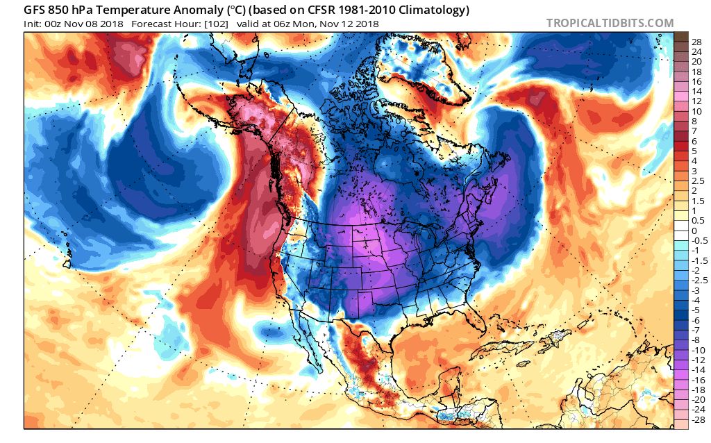 Noord-Amerika: temperatuurafwijking op ca. 1500m maandagochtend