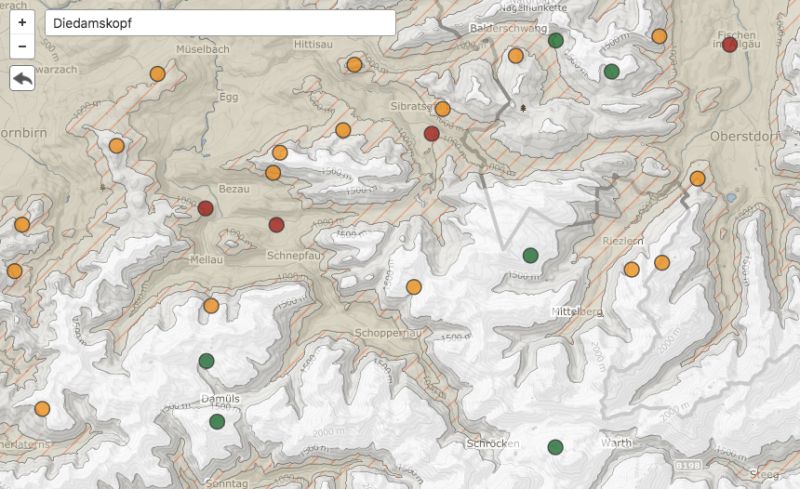 Skigebieden met een rode punt liggen volledig beneden 1200 meter (bron: Der Spiegel)