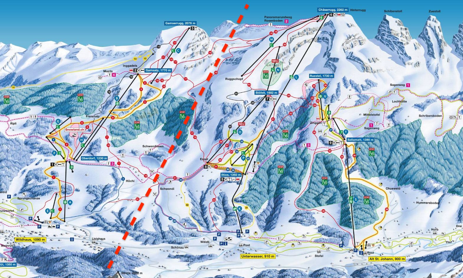 Het skigebied van Wildhaus AG links en Toggenburg AG rechts