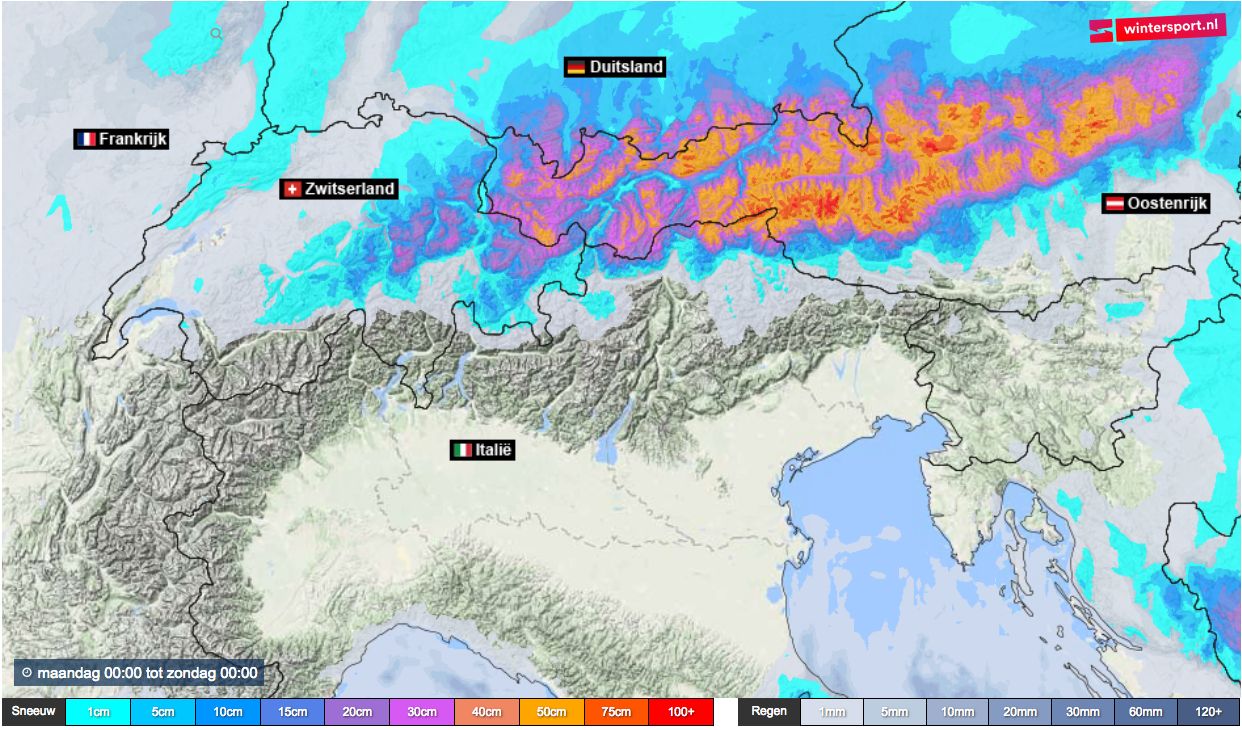 Verwachte sneeuwval voor de komende 6 dagen blijft vooral een Oostenrijks feestje