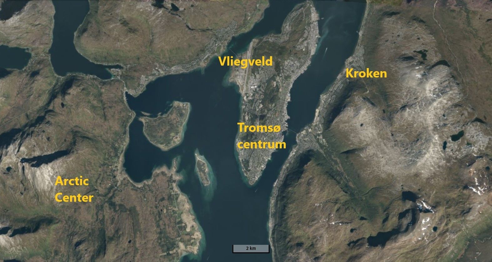 Het nieuwe skigebied ligt aan de westkant van Tromsø (norgeskart.no)