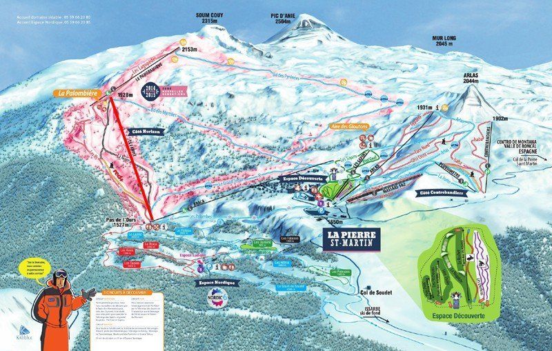 Het pistenplan van het skigebied, de Family is de rood ingetekende lift