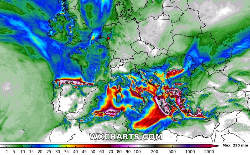 Verwachte neerslag in Europa t/m vrijdag