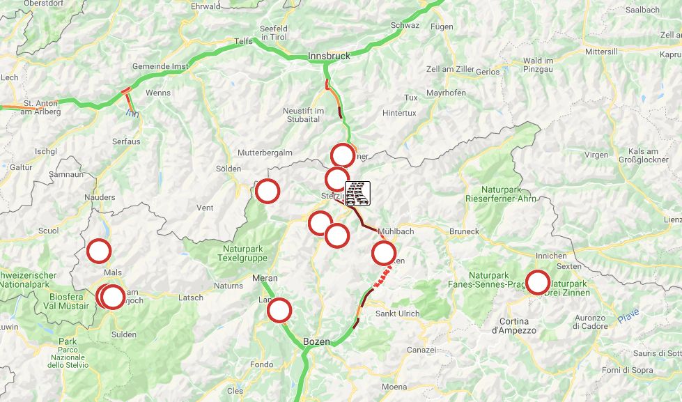 De actuele wegafsluitingen in Zuid-Tirol