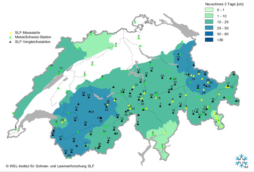 Sneeuwval afgelopen 3 dagen in Zwitserland (bron: SLF)