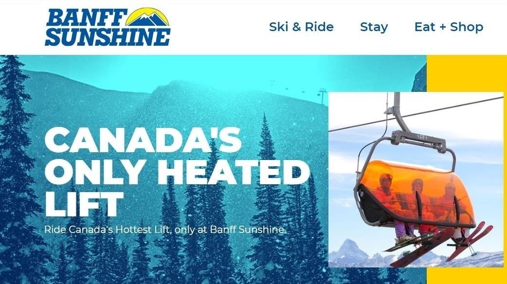 Advertentie voor de enige verwarmde stoeltjeslift in Canada op de website van Banff - Sunshine Village