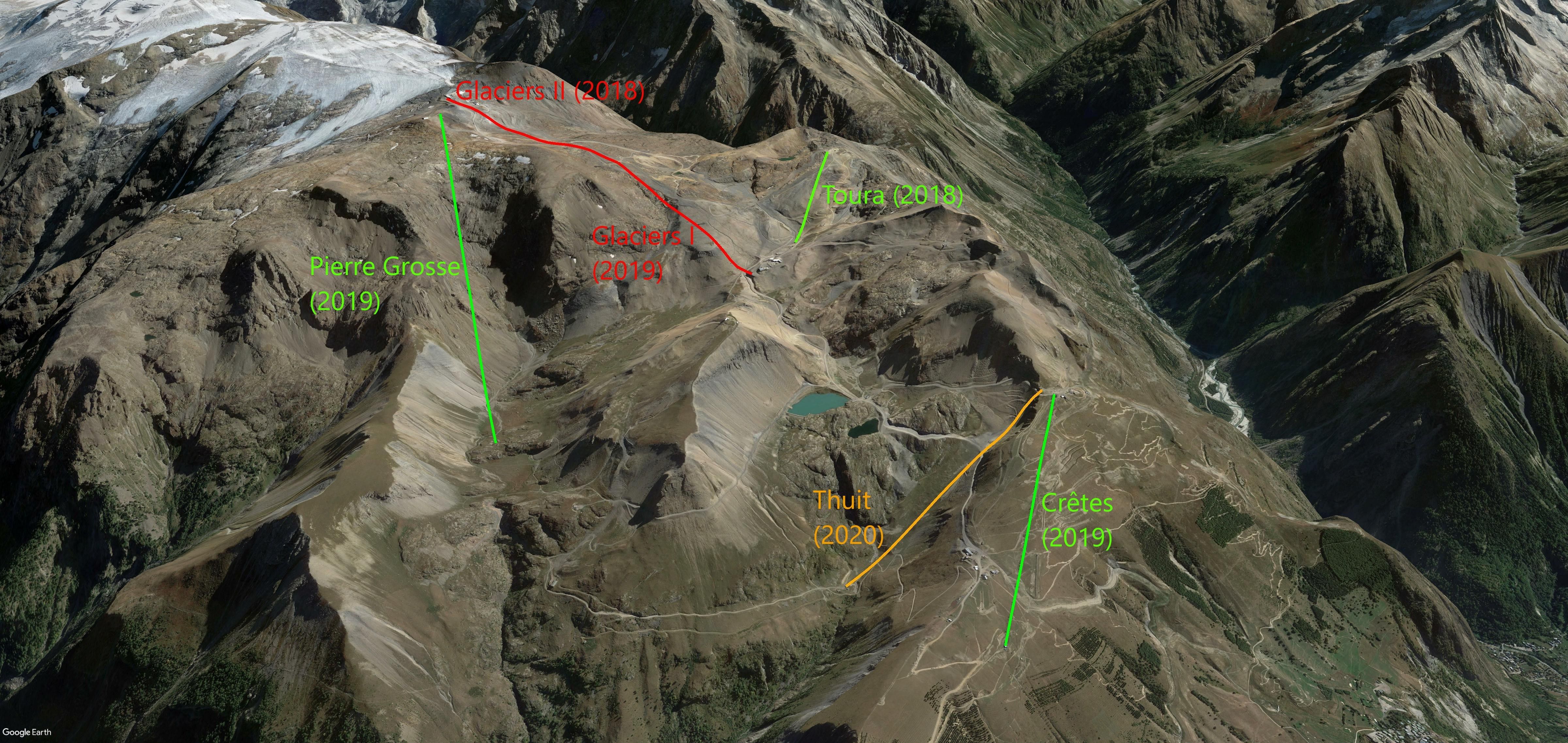 Een overzicht van alle veranderingen in Les Deux Alpes. De ontmanteling van de Glaciers I (2019) en Glaciers II (2018) stoeltjeslift en de bouw van de Toura (2018), Crêtes (2019), Pierre Grosse (2019) en Thuit (2020) liften